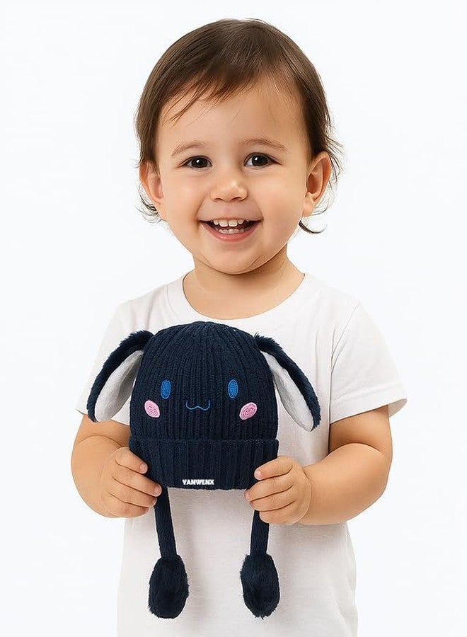 Yanwenx Bunny Cap with Moving Ears for Kids (1-10 Yrs) | Plush Wool Winter Hat | Cute Girls Headwear & Funny Cap_Blue - Image 3